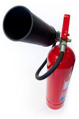 Red extinguisher with black nozzle to extinguish a fire in a building clipart