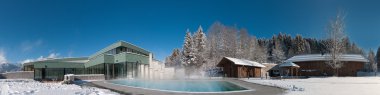 Panorama of a modern swimming pool and sauna area at a wonderful winters day clipart