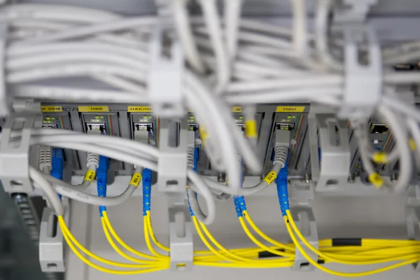 O sarı fiber cam bağdaştırıcıları ethernet ortamına ekipmanla — Stok fotoğraf