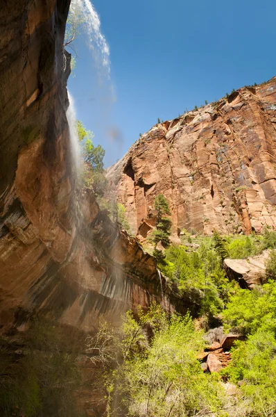 Wasserfälle im Zion Nationalpark mit rotem Sandstein und grünen Büschen und Bäumen — Stockfoto