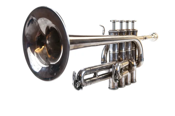 Isolated classical silver music trumpet in perspective on white background — Stock Photo, Image