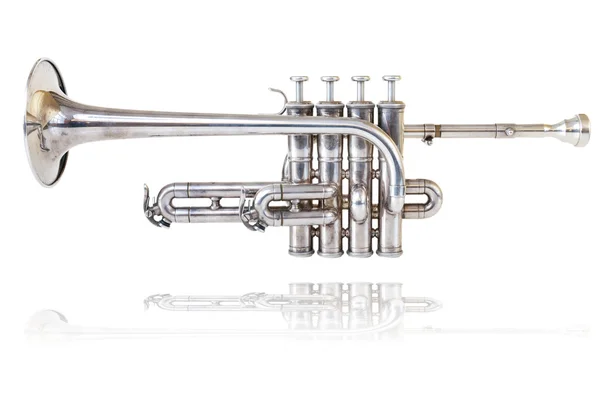 Silver golden piccolo trumpet four valves isolated background — Stock Photo, Image