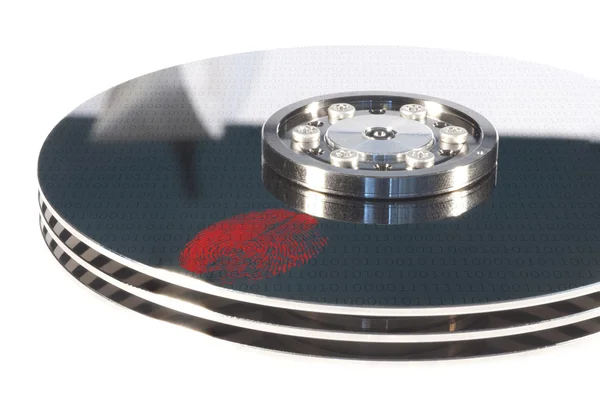 Red fingerprint on a openen silver hard drive — Stock Photo, Image
