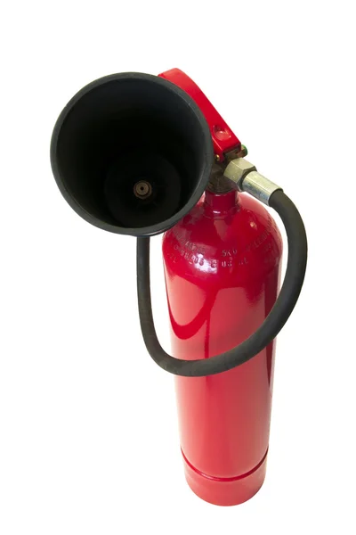 Red fire extinguisher with black pipe isolated on white background — Stock Photo, Image