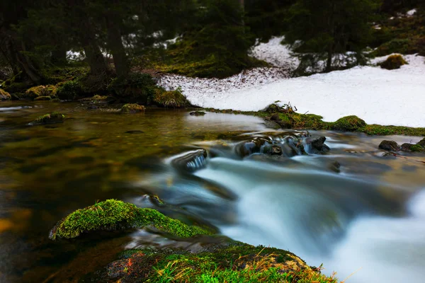 Acqua che scorre di fiume su pietre muschiate in un paesaggio naturale pulito — Foto Stock