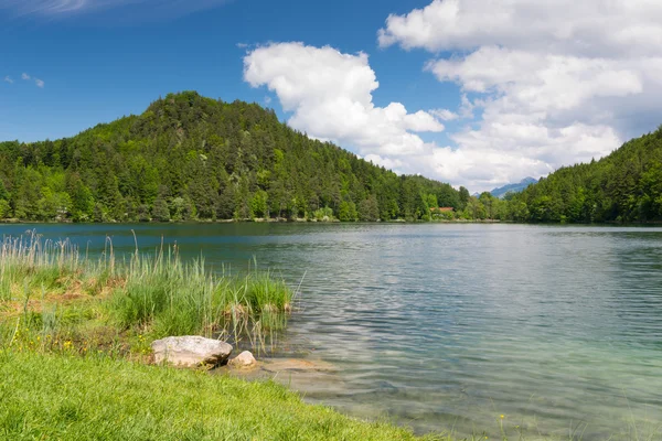 Idyllischer alatsee mit grüner wiese und blauem himmelwasser — Stockfoto