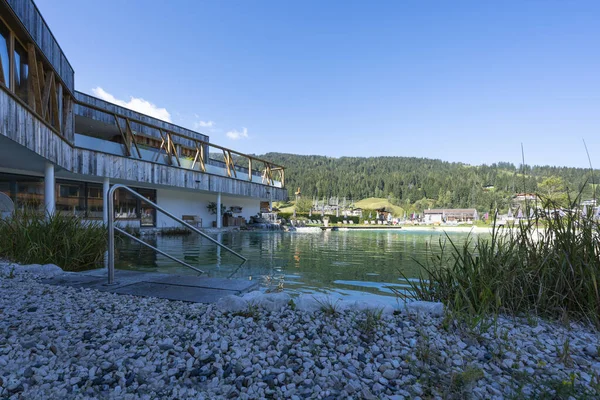 Naturlig Dam Nær Moderne Bygning Med Gammelt Træ Smuk Grøn - Stock-foto