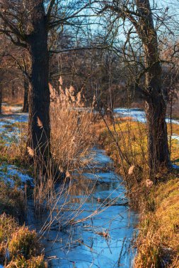 Kış manzarası. Üzerinde beyaz kar olan yol. Yol boyunca bir dere akıyor..