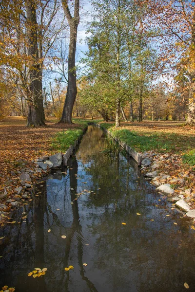 Schlosspark Herbstliche Landschaft Mit Sonne Und Bunten Bäumen Blauer Himmel — Stockfoto