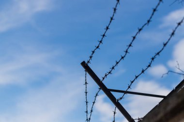 Duvardaki eski dikenli teller. Arka planda mavi gökyüzü var.