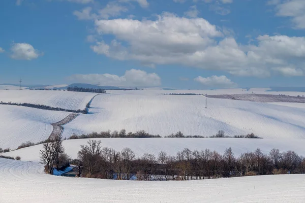 Winter snowy rolling landscape in the Czech Republic - in Europe. Blue sky with white clouds.