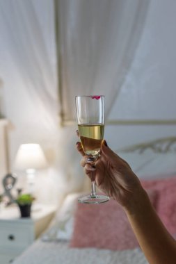 Woman's hand holding a wine glass. In the background is a nice room.
