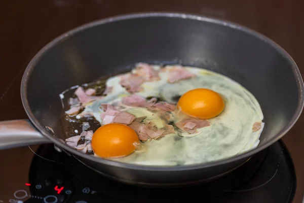 Fırında tavada iki kızarmış yumurta. İki yumurta sarısı görünür ve etrafta beyaz yumurta var. Yumurtanın içinde salam var..