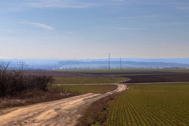 Spring Toprak Yolu. Yolun etrafında kuru otlar var. Gökyüzünde dramatik bulutlar var..