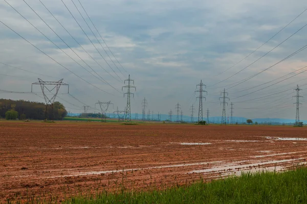 Landscape High Voltage Poles Power Lines Countryside — Foto de Stock