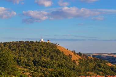 Güzel manzara. Avrupa 'daki Çek Cumhuriyeti' nin Mikulov şehrinin manzarası. Ön planda üzüm bağları ve lavantalar var. Gökyüzünde güzel dramatik bulutlar var..
