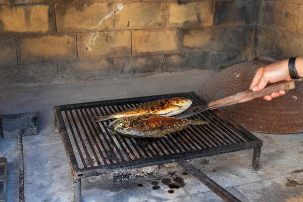 Two Sea Fish Grill Being Grilled Barbecue Coals — Foto Stock