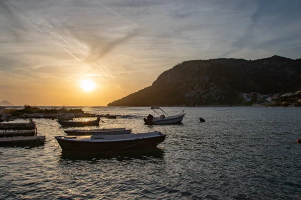 Paisagem Costeira Pôr Sol Região Croácia Duba Europa Mar Barcos — Fotografia de Stock