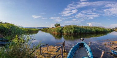 Hırvat manzarası. Hırvatistan 'ın Tustevac bölgesindeki sulama kanalları. Arka planda dağlar ve mavi gökyüzü var..
