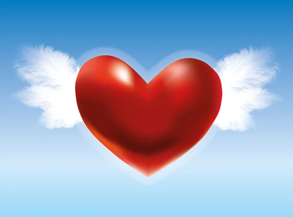 Corazón rojo con alas en el cielo azul — Vector de stock