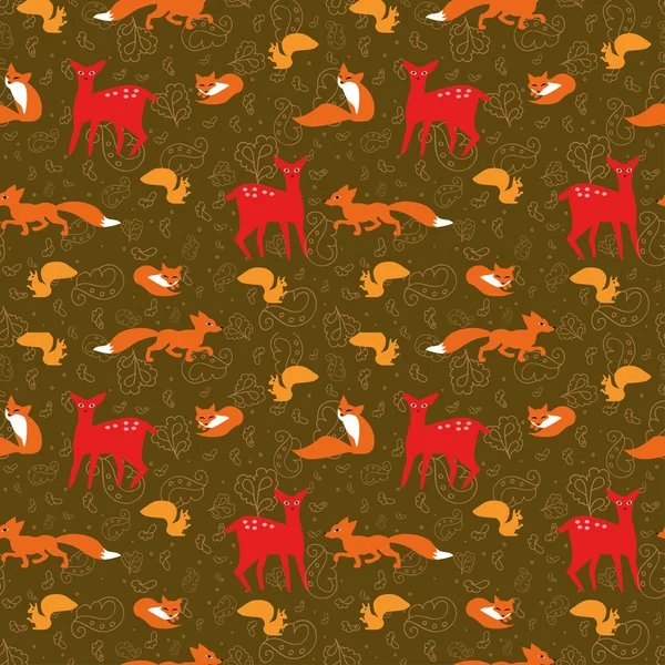 Seamless pattern with fox, squirrels, deer and floral elements — Stock Vector