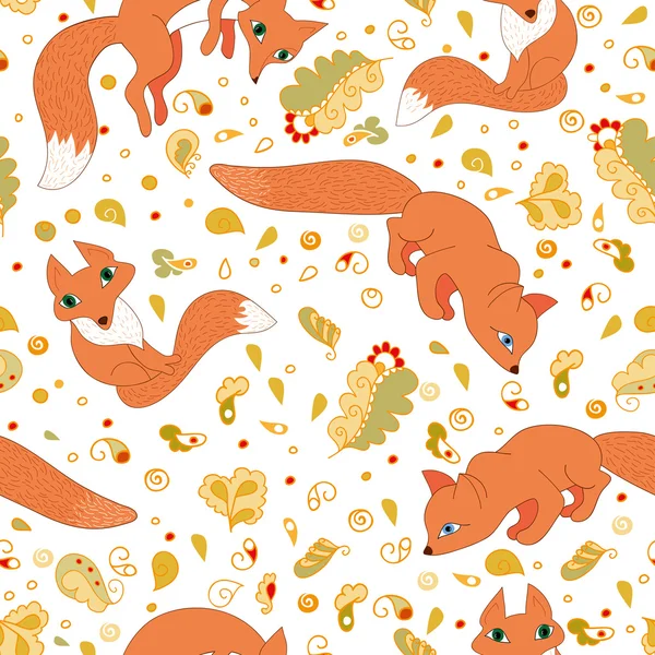 Seamless pattern of cute foxes and leaves — Stock Vector