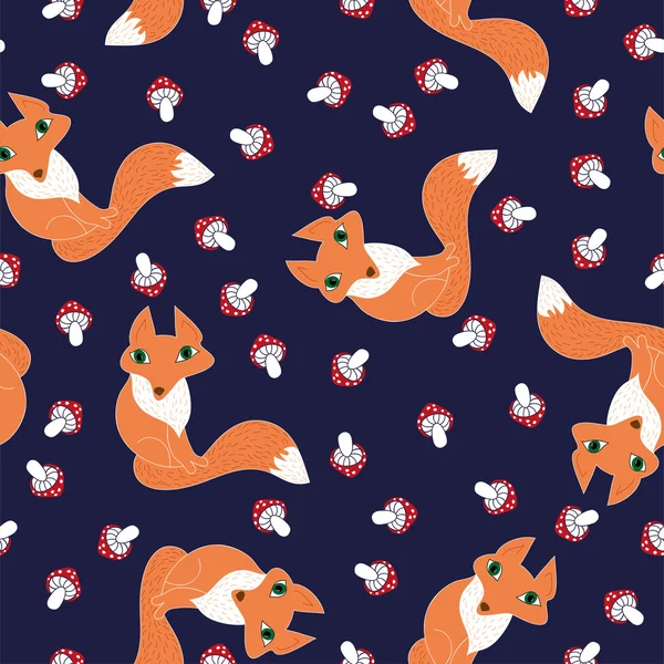 Seamless pattern cute foxes and mushrooms — Stock Vector