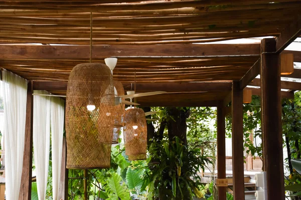 Bamboo Lantern Which Has Bulb Hanging Ceiling Relaxing Area Soft — Zdjęcie stockowe