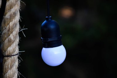 Evin etrafını süslemek için tellere asılan beyaz ampuller gece vakti, bulanık arka plan, yumuşak ve seçici odak ilk ampul.