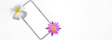 Isolated smartphone on white background with plumeria and waterlily flowers