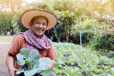 Asyalı orta yaşlı çiftçi son zamanlarda bu evin arka bahçesinde bitki yetiştiriyor..