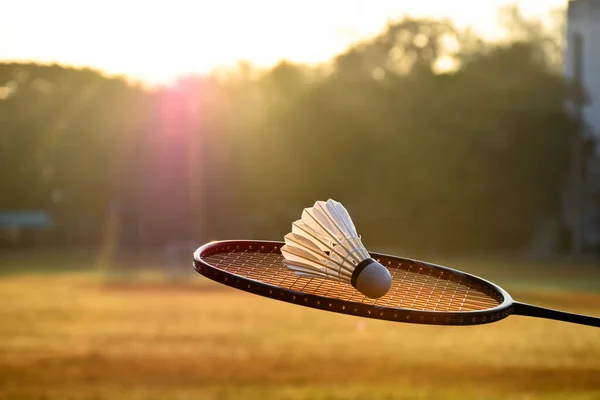 New badminton shuttlecock on the badminton racket, blurred outdoor background. concept for badminton lovers around the world.