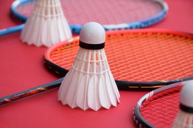 Beyaz badminton topu ve raketi kapalı badminton kortunda, kopyalama alanı, mekik horozlarına yumuşak ve seçici odaklanma.