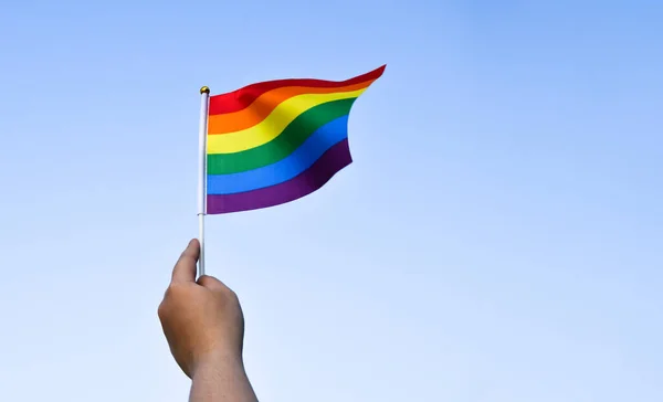 Trots Regenboog Lgbt Gay Vlaggen Houden Hand Wordt Zwaait Wind — Stockfoto