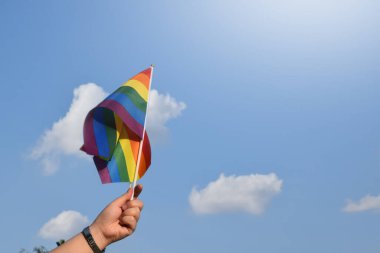 Gururlu gökkuşağı lgbt gay bayrakları ellerinde ve bulutlu ve mavi gökyüzüne karşı rüzgarda sallanıyorlar. Lgbtq + gurur ayı konseptinde kutlama, bayraklar üzerine yumuşak ve seçici odaklanma.