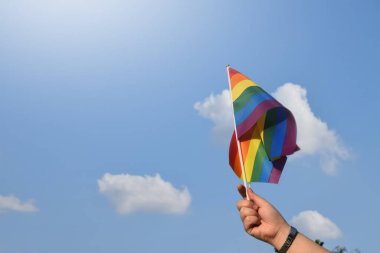 Gururlu gökkuşağı lgbt gay bayrakları ellerinde ve bulutlu ve mavi gökyüzüne karşı rüzgarda sallanıyorlar. Lgbtq + gurur ayı konseptinde kutlama, bayraklar üzerine yumuşak ve seçici odaklanma.