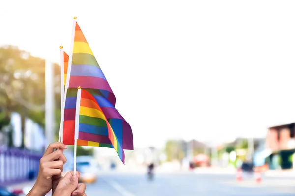 Возле Главной Дороги Города Руках Людей Висят Флаги Rainbow Призывающие — стоковое фото