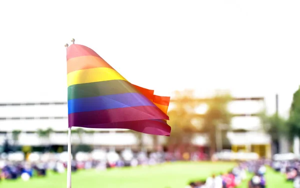 彩虹旗 男女同性恋 双性恋和变性者群体的象征 在早晨的活动背景下 与模糊的亚裔学生在风中摇曳 支持和宣传Lgbtq 社区的概念 — 图库照片