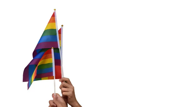 Banderas Arco Iris Aisladas Símbolo Lgbt Manos Con Caminos Recorte — Foto de Stock