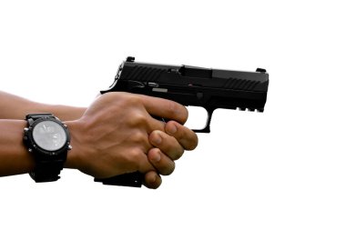 9 mm 'lik otomatik tabanca, tetikçinin elinde, kesme yolları, güvenlik konsepti, banka soygunu, gangsterler, dünya çapında koruma. seçici odak tabanca.