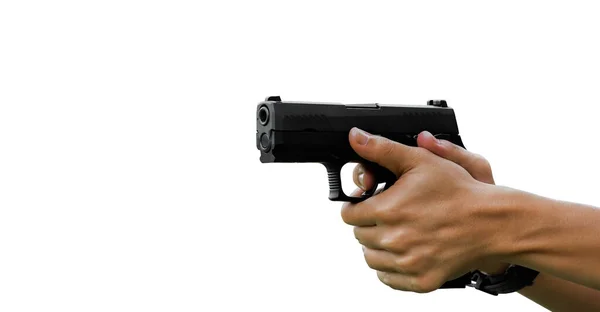 Pistola Automática Isoated 9Mm Segurando Nas Mãos Atirador Caminhos Recorte — Fotografia de Stock