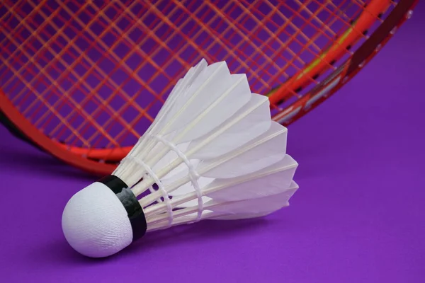 Witte Crème Badminton Shuttledoffers Rackets Paarse Vloer Indoor Badminton Rechtbank — Stockfoto