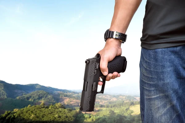 Pistola Automática Sosteniendo Mano Derecha Del Tirador Concepto Seguridad Robo —  Fotos de Stock