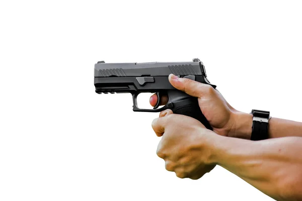 Pistola 9Mm Isolado Mãos Com Caminhos Recorte — Fotografia de Stock