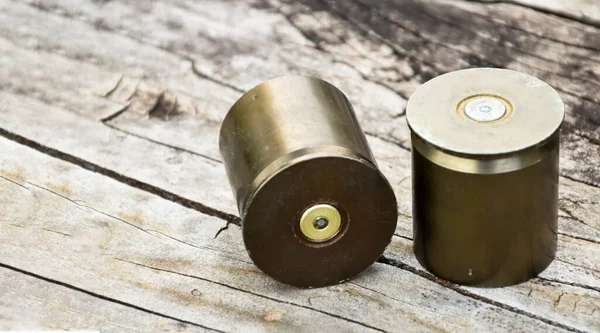 Old Used M203 Bullet Shells Wooden Floor Soft Selective Focus — Stock Photo, Image