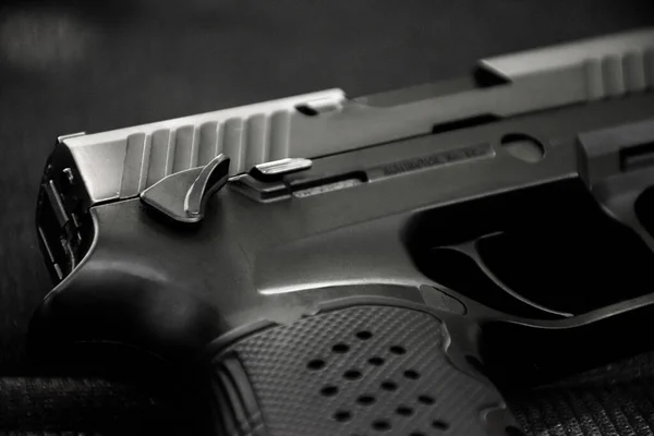 Automatic 9Mm Pistol Gun Black Leather Background Soft Selective Focus — Fotografia de Stock