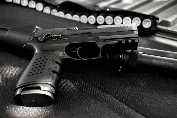 Automatic 9Mm Pistol Gun Black Leather Background Soft Selective Focus — стоковое фото