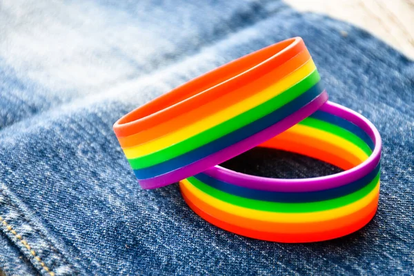 Rainbow Wristbands Symbol Lgbtq Jeans Concept Lgbtq Symbol Wearing Attend — Fotografia de Stock