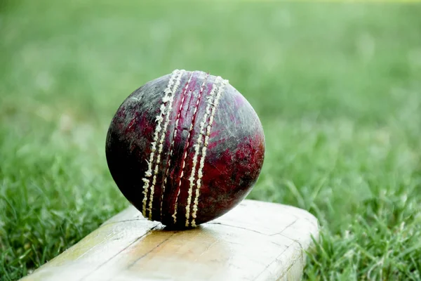 Kriket spor malzemeleri, eski deri top, tahta sopa, kortta kask, yumuşak ve seçici odaklanma..