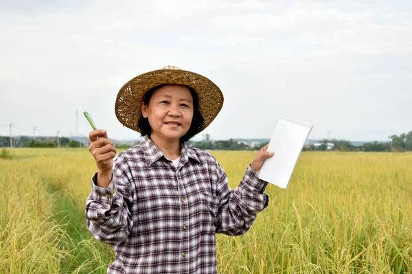 Portret Van Aziatische Oudere Vrouw Die Pen Notebook Naast Haar — Stockfoto